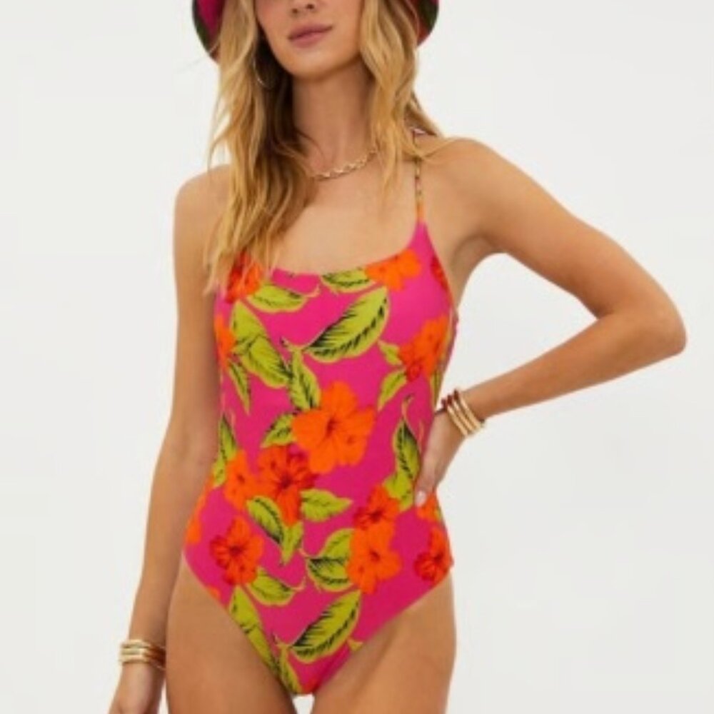 Beach Riot Stevie‎ One Piece Swimsui Hibiscus Sunset SZ L NWT